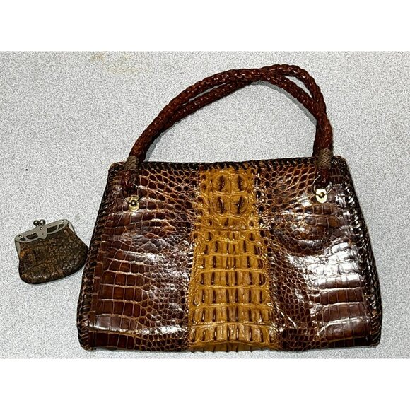 Unique Vintage Saltwater Crocodile Handbag & Brown Coin Purse 1940s-1950s - Picture 1 of 16